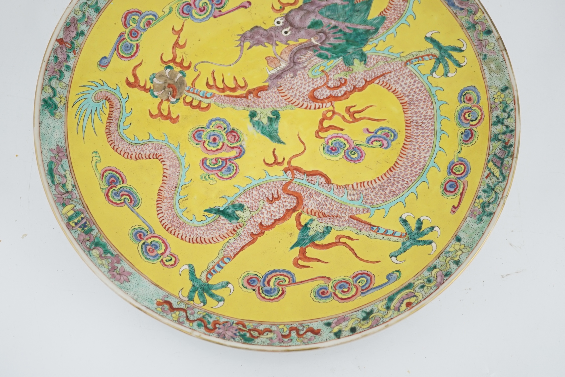 A Chinese yellow ground ‘dragon’ dish, late 19th century, minor damage